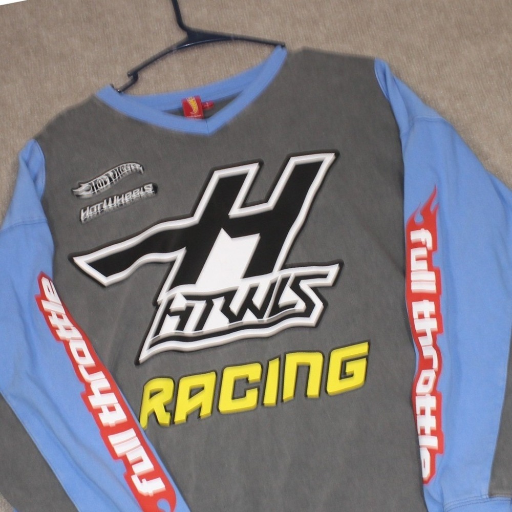 Hot Wheels Racing Jersey Shirt Men Small Grey Blue Long Sleeve Full Throttle